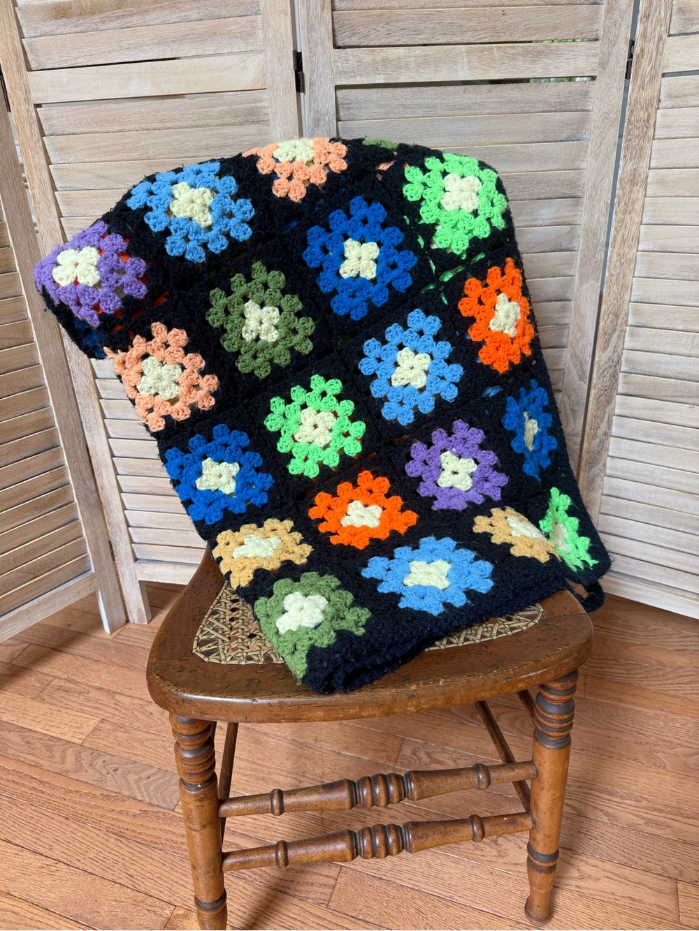 Vintage Handmade Black Granny Square Crochet Blanket 64” x 38”